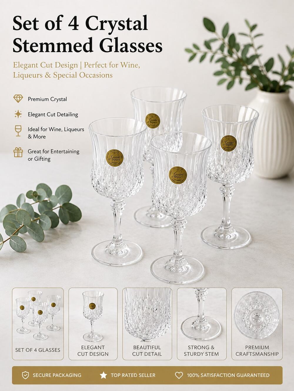 Vintage Crystal Stemmed Glasses set of 4 "Cristal d'Arques" Made in France